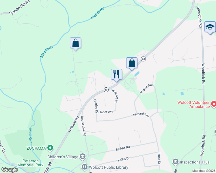 map of restaurants, bars, coffee shops, grocery stores, and more near 1161 Wolcott Road in Wolcott
