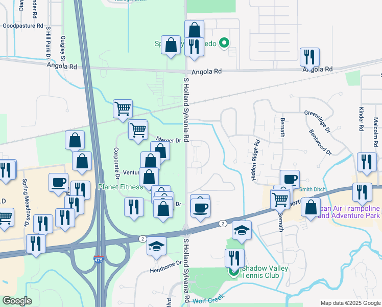 map of restaurants, bars, coffee shops, grocery stores, and more near 5963 Walnut Circle Drive in Toledo