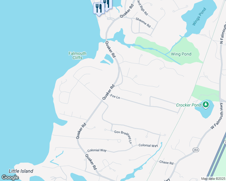 map of restaurants, bars, coffee shops, grocery stores, and more near 203 Quaker Road in Falmouth