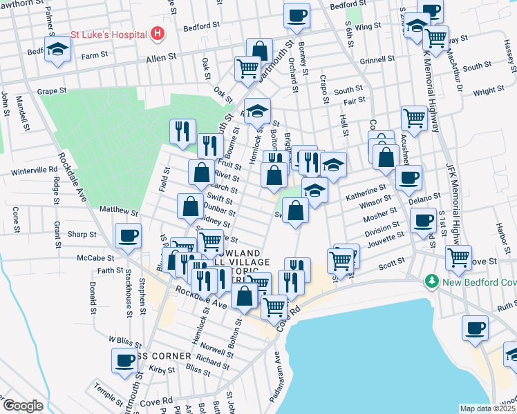 map of restaurants, bars, coffee shops, grocery stores, and more near 28 Larch Street in New Bedford