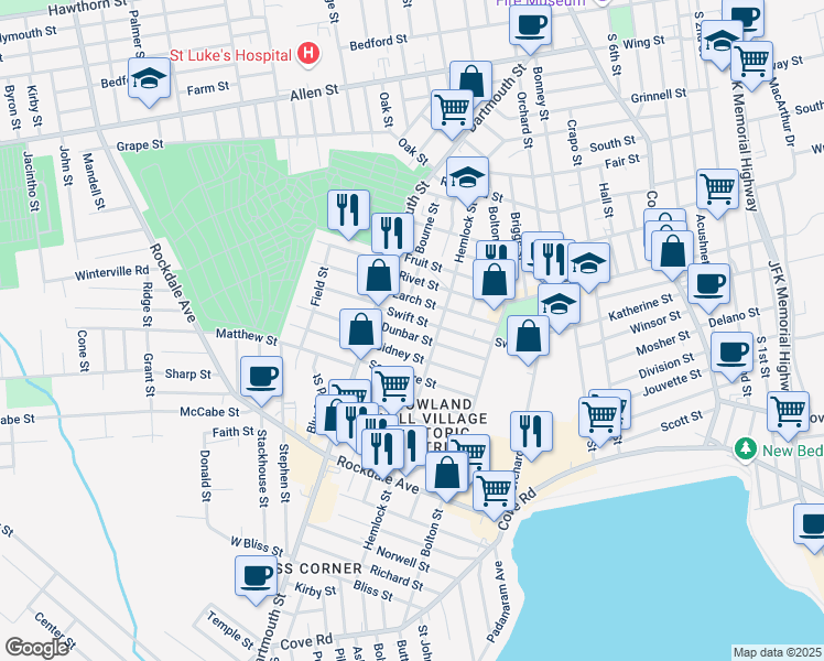 map of restaurants, bars, coffee shops, grocery stores, and more near 63 Swift Street in New Bedford