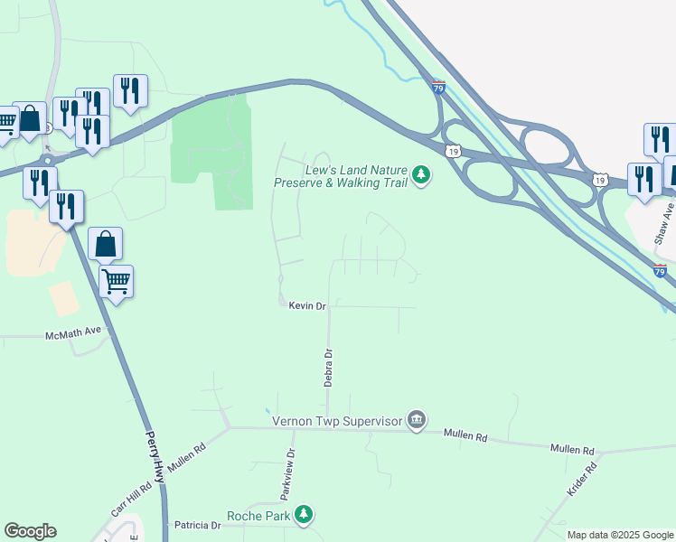 map of restaurants, bars, coffee shops, grocery stores, and more near 11005 Hunters Ridge Boulevard in Meadville