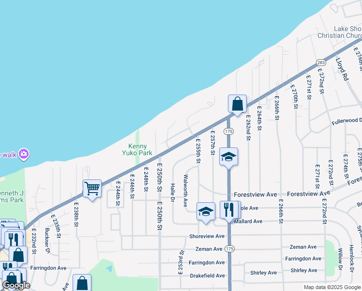 map of restaurants, bars, coffee shops, grocery stores, and more near 25360 Lakeshore Boulevard in Euclid