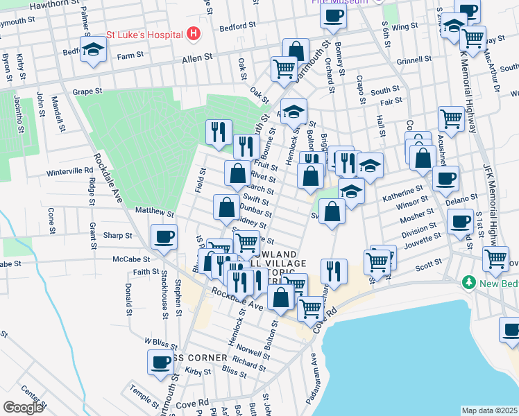 map of restaurants, bars, coffee shops, grocery stores, and more near 63 Swift Street in New Bedford