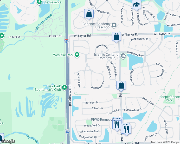 map of restaurants, bars, coffee shops, grocery stores, and more near 138 Wedgeport Circle in Romeoville
