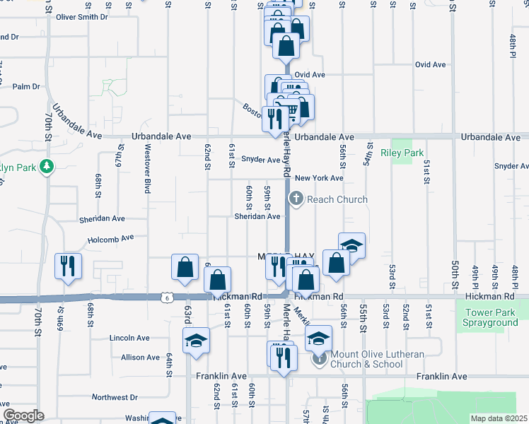 map of restaurants, bars, coffee shops, grocery stores, and more near 5901 Sheridan Avenue in Des Moines