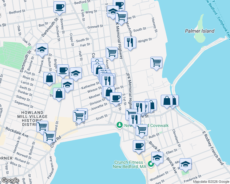 map of restaurants, bars, coffee shops, grocery stores, and more near 535 South 2nd Street in New Bedford