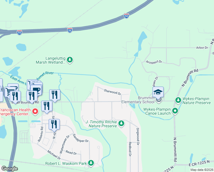 map of restaurants, bars, coffee shops, grocery stores, and more near 523-1799 Starwood Drive in Chesterton