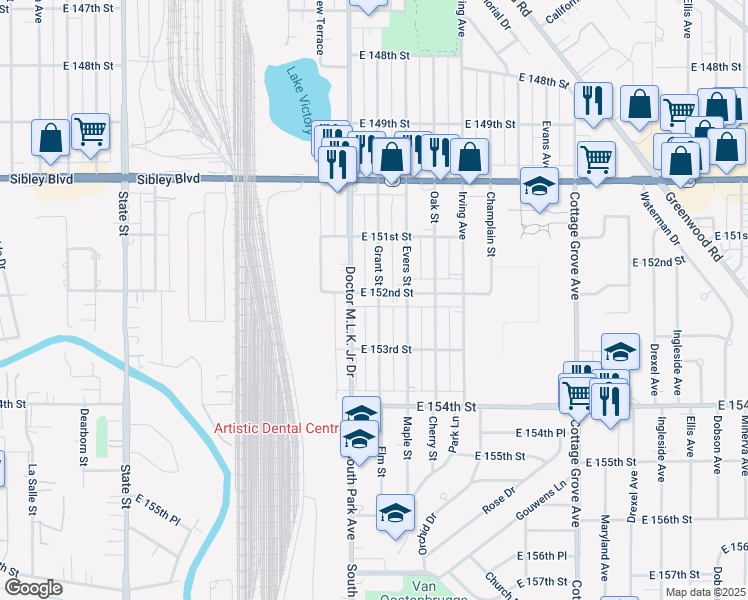map of restaurants, bars, coffee shops, grocery stores, and more near 619 East 152nd Street in Dolton