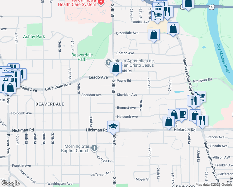 map of restaurants, bars, coffee shops, grocery stores, and more near 2709 30th Street in Des Moines