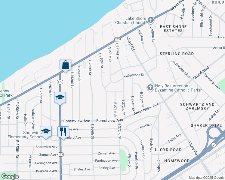map of restaurants, bars, coffee shops, grocery stores, and more near 27125 Cameron Avenue in Euclid