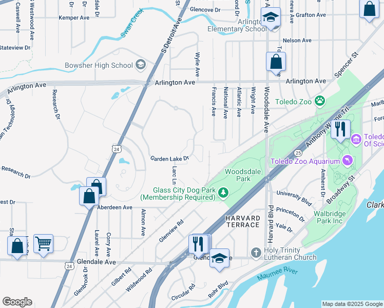 map of restaurants, bars, coffee shops, grocery stores, and more near 1065 Garden Lake Parkway in Toledo