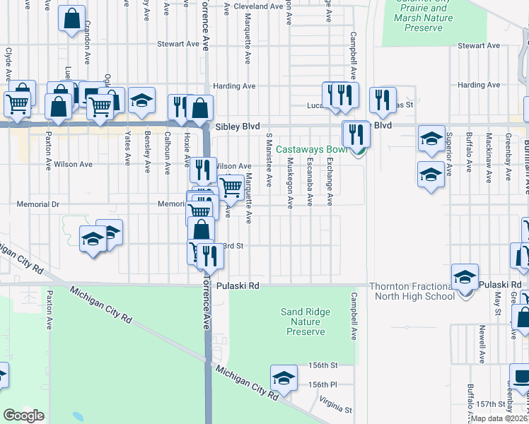 map of restaurants, bars, coffee shops, grocery stores, and more near 1221 Memorial Drive in Calumet City