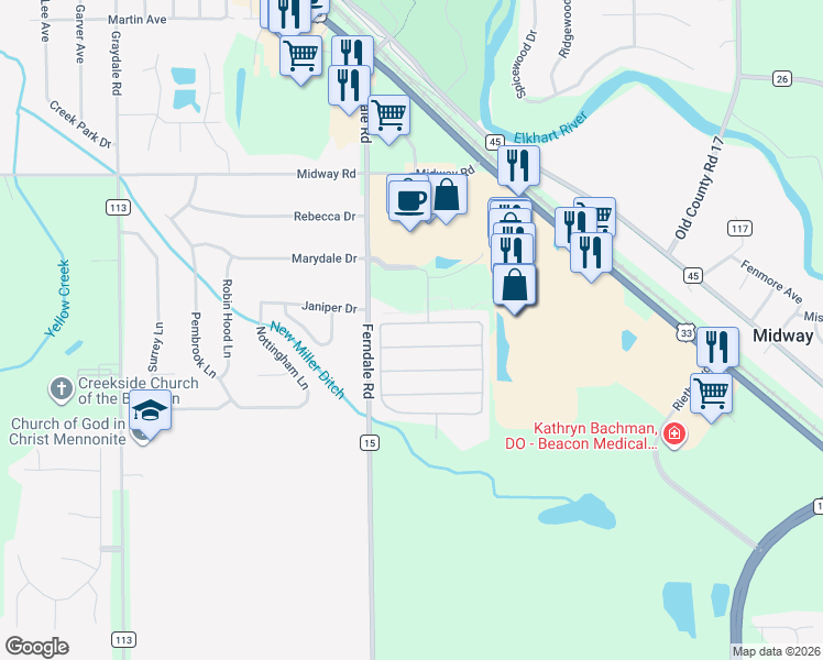 map of restaurants, bars, coffee shops, grocery stores, and more near Babylon Willow Drive in Goshen