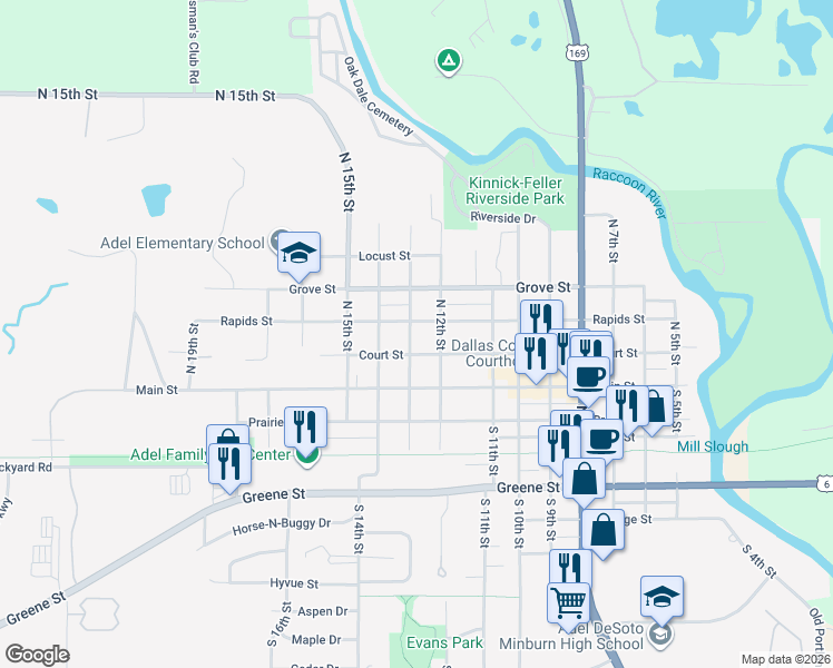 map of restaurants, bars, coffee shops, grocery stores, and more near 1303 Rapids Street in Adel