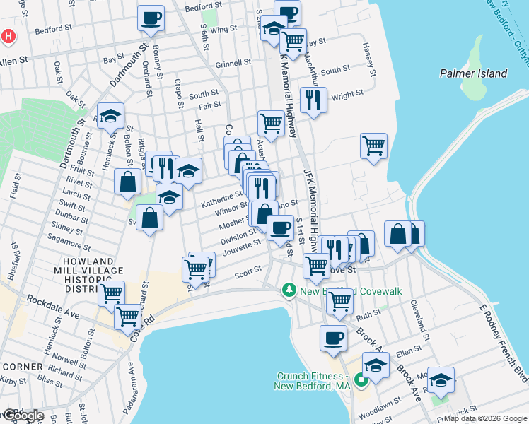 map of restaurants, bars, coffee shops, grocery stores, and more near 104 County Street in New Bedford
