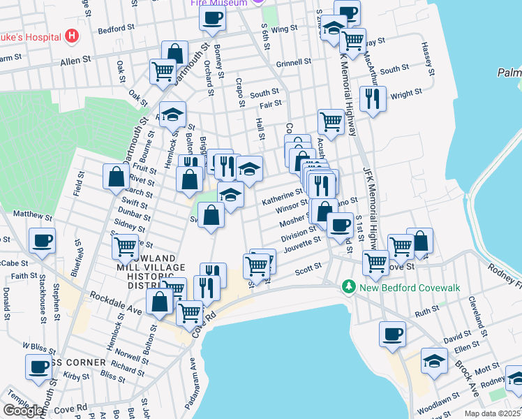 map of restaurants, bars, coffee shops, grocery stores, and more near 74 Katherine Street in New Bedford