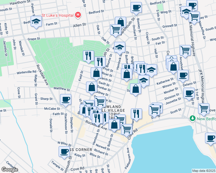 map of restaurants, bars, coffee shops, grocery stores, and more near 63 Swift Street in New Bedford