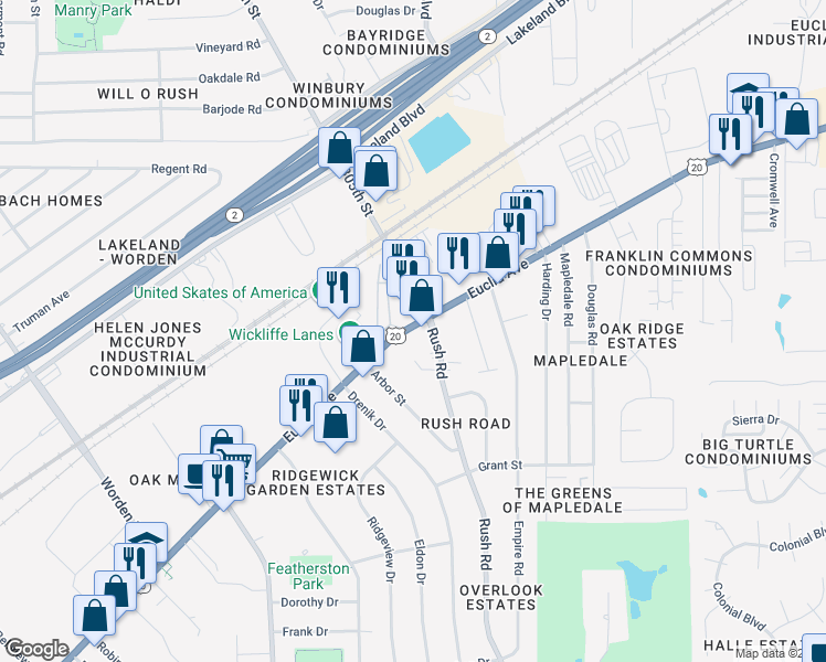 map of restaurants, bars, coffee shops, grocery stores, and more near in Wickliffe