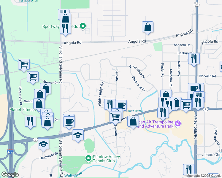 map of restaurants, bars, coffee shops, grocery stores, and more near 5705 Firethorne Drive in Toledo