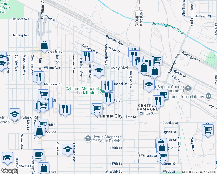 map of restaurants, bars, coffee shops, grocery stores, and more near 579 Wentworth Avenue in Calumet City