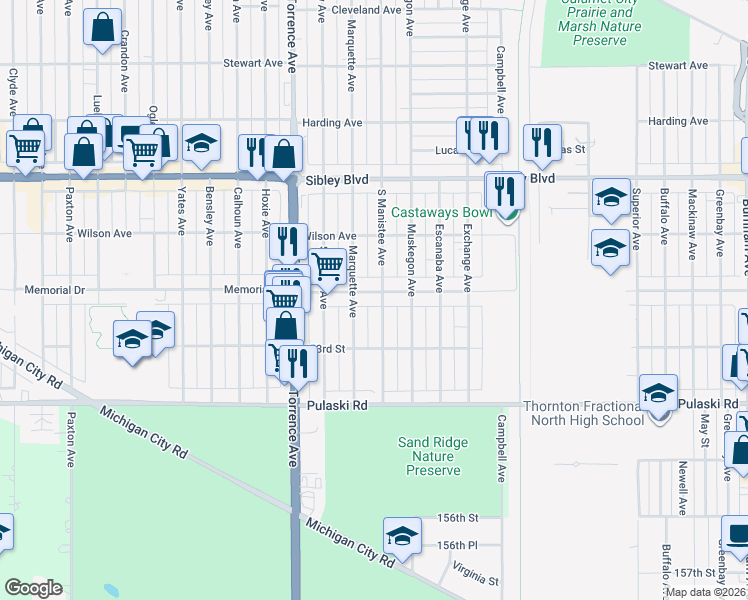 map of restaurants, bars, coffee shops, grocery stores, and more near 1221 Memorial Drive in Calumet City