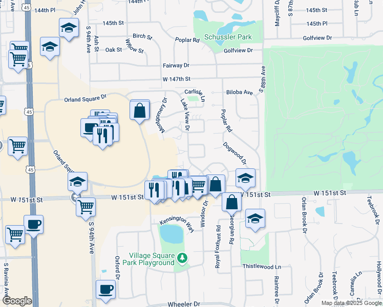 map of restaurants, bars, coffee shops, grocery stores, and more near 9119 Kennedy Court in Orland Park
