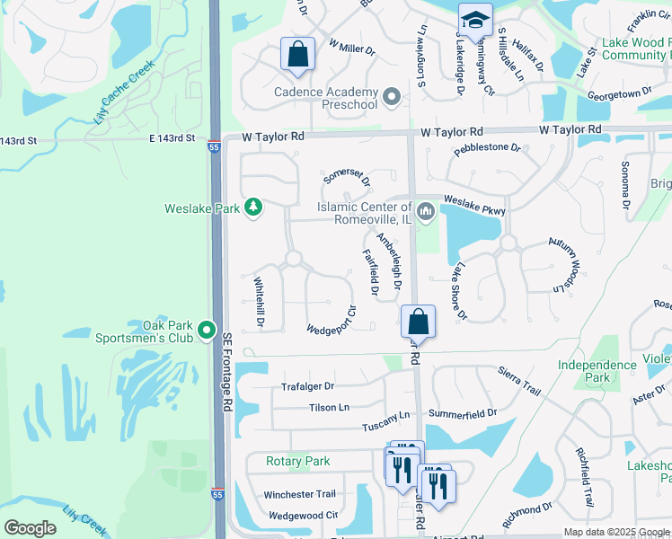 map of restaurants, bars, coffee shops, grocery stores, and more near 137 Wedgeport Circle in Romeoville
