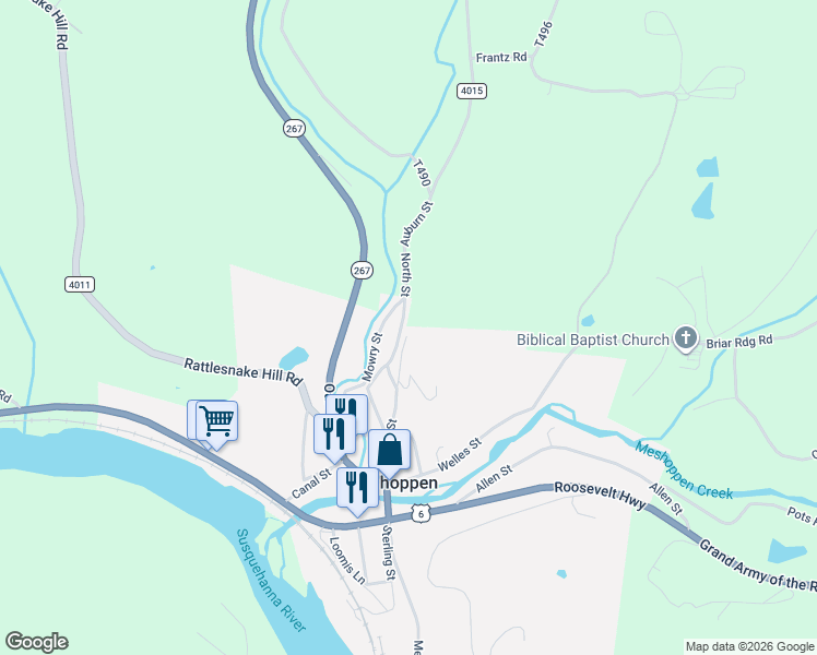 map of restaurants, bars, coffee shops, grocery stores, and more near 155 Penn Avenue in Meshoppen