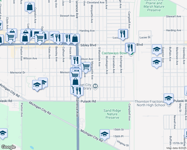 map of restaurants, bars, coffee shops, grocery stores, and more near 1275 Memorial Drive in Calumet City