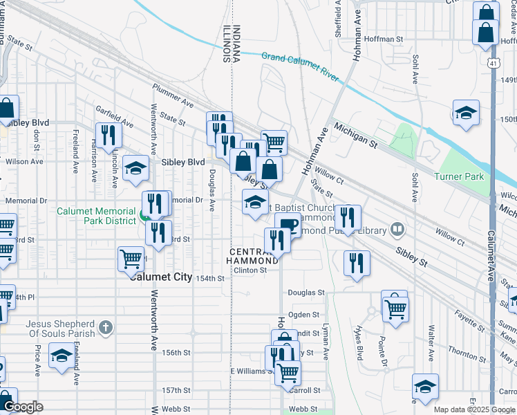 map of restaurants, bars, coffee shops, grocery stores, and more near Rimbach Street in Hammond
