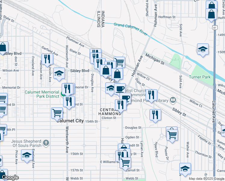 map of restaurants, bars, coffee shops, grocery stores, and more near Rimbach Street in Hammond