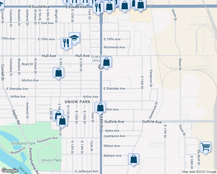 map of restaurants, bars, coffee shops, grocery stores, and more near 2602 Idaho Street in Des Moines