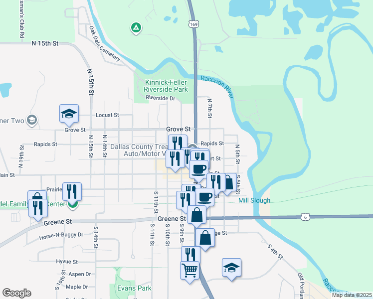 map of restaurants, bars, coffee shops, grocery stores, and more near 218 North 9th Street in Adel