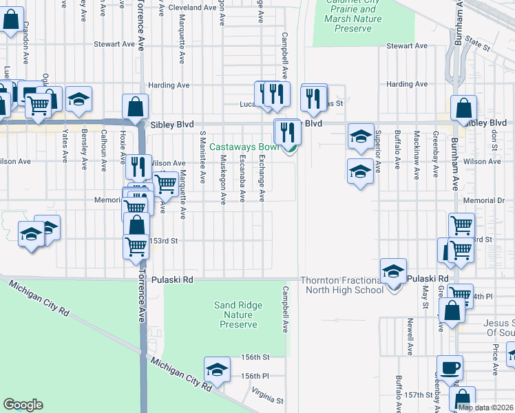map of restaurants, bars, coffee shops, grocery stores, and more near 1103 Memorial Drive in Calumet City