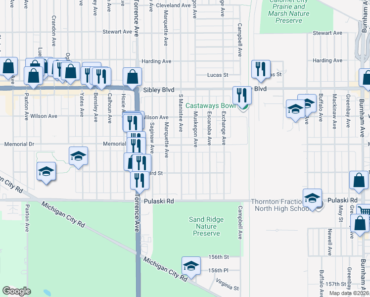 map of restaurants, bars, coffee shops, grocery stores, and more near 1221 Memorial Drive in Calumet City