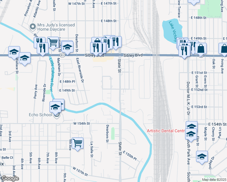 map of restaurants, bars, coffee shops, grocery stores, and more near 35 West 152nd Street in South Holland