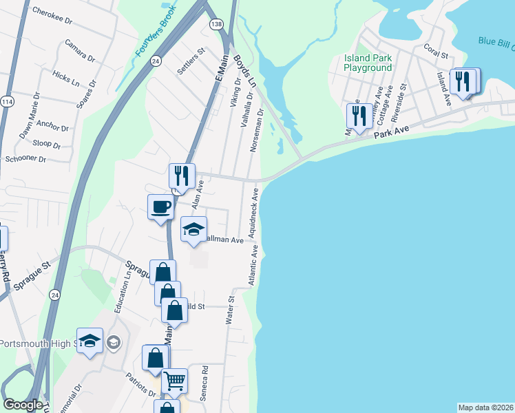 map of restaurants, bars, coffee shops, grocery stores, and more near 37 Aquidneck Avenue in Portsmouth