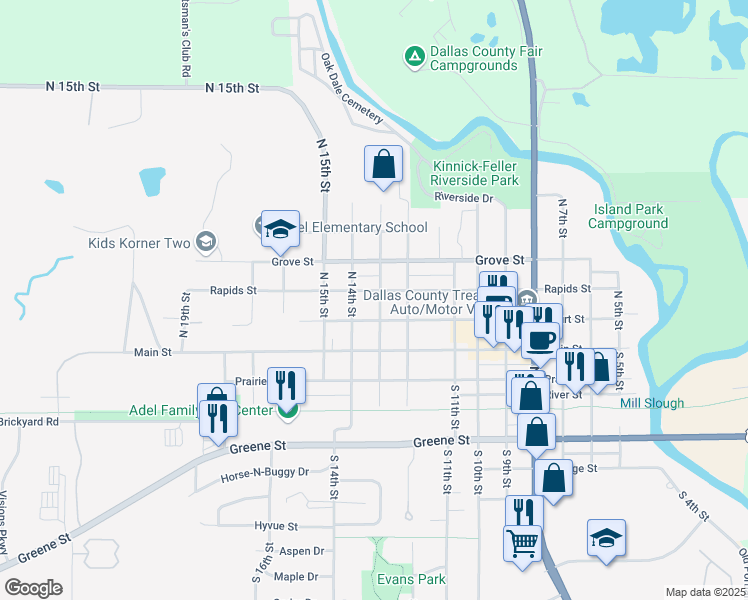 map of restaurants, bars, coffee shops, grocery stores, and more near 1303 Rapids St in Adel