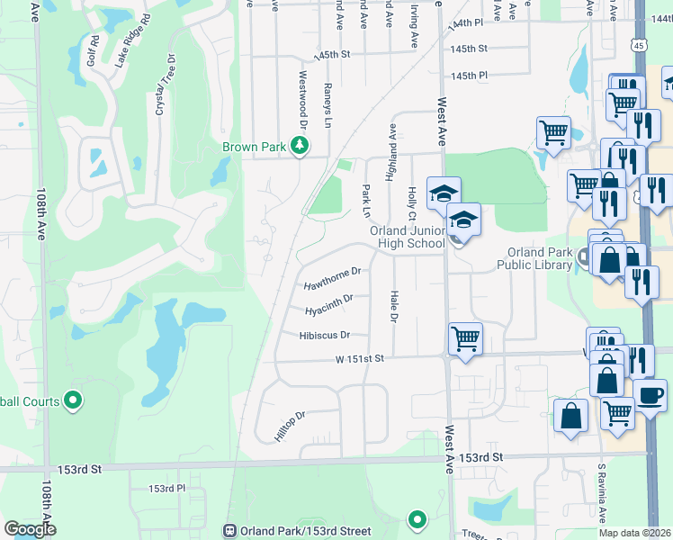 map of restaurants, bars, coffee shops, grocery stores, and more near 10216 Hawthorne Drive in Orland Park