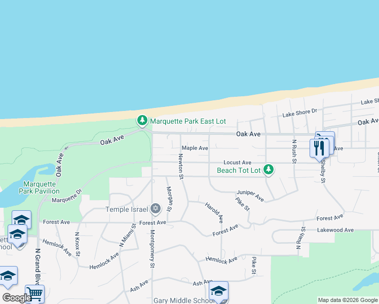 map of restaurants, bars, coffee shops, grocery stores, and more near 901-999 Newton Street in Gary