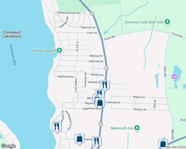 map of restaurants, bars, coffee shops, grocery stores, and more near 11252 East 4th Street in Conneaut Lake