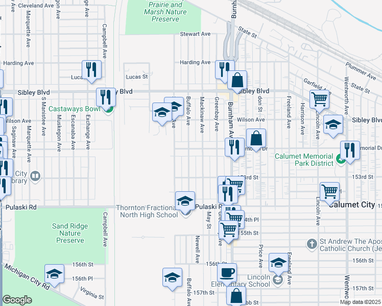 map of restaurants, bars, coffee shops, grocery stores, and more near 725 Memorial Drive in Calumet City