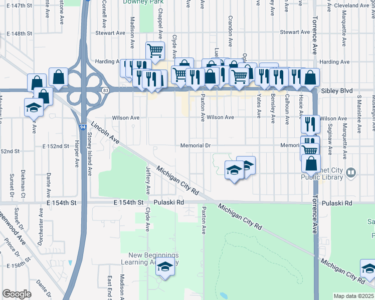 map of restaurants, bars, coffee shops, grocery stores, and more near 1847 Memorial Drive in Calumet City