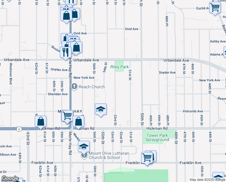 map of restaurants, bars, coffee shops, grocery stores, and more near 2712 53rd Street in Des Moines