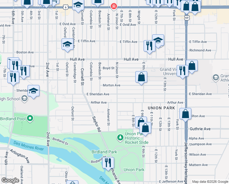 map of restaurants, bars, coffee shops, grocery stores, and more near 612 East Sheridan Avenue in Des Moines