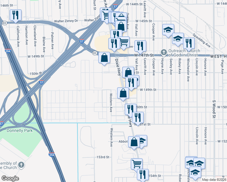 map of restaurants, bars, coffee shops, grocery stores, and more near 14901 Western Avenue in Harvey