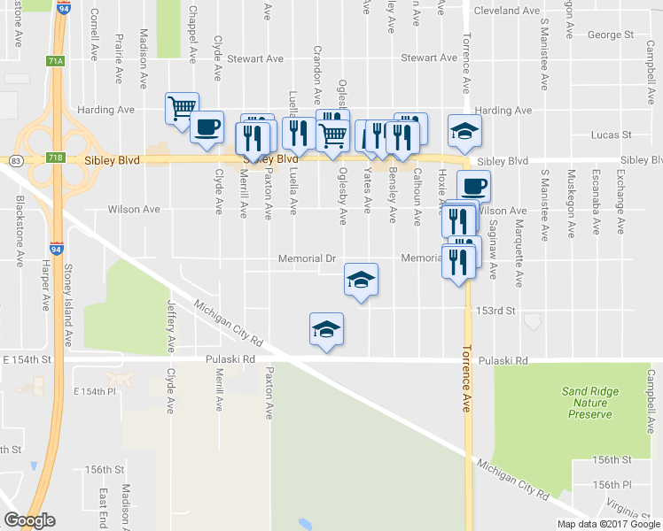 map of restaurants, bars, coffee shops, grocery stores, and more near 1651 Memorial Drive in Calumet City