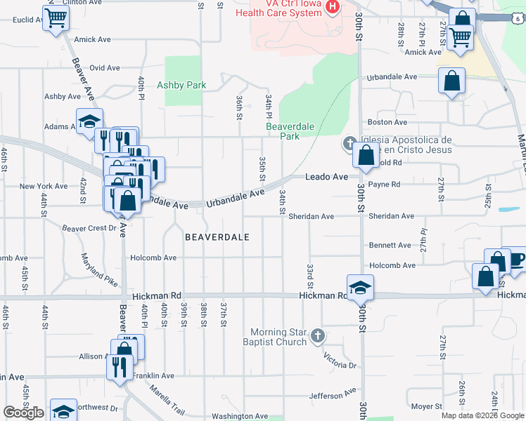 map of restaurants, bars, coffee shops, grocery stores, and more near 3501 Sheridan Avenue in Des Moines
