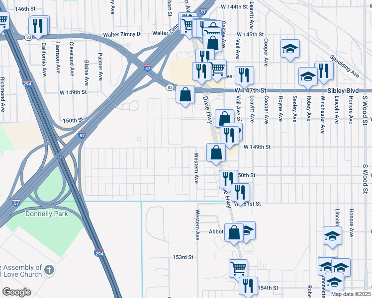 map of restaurants, bars, coffee shops, grocery stores, and more near 14901 Artesian Avenue in Harvey